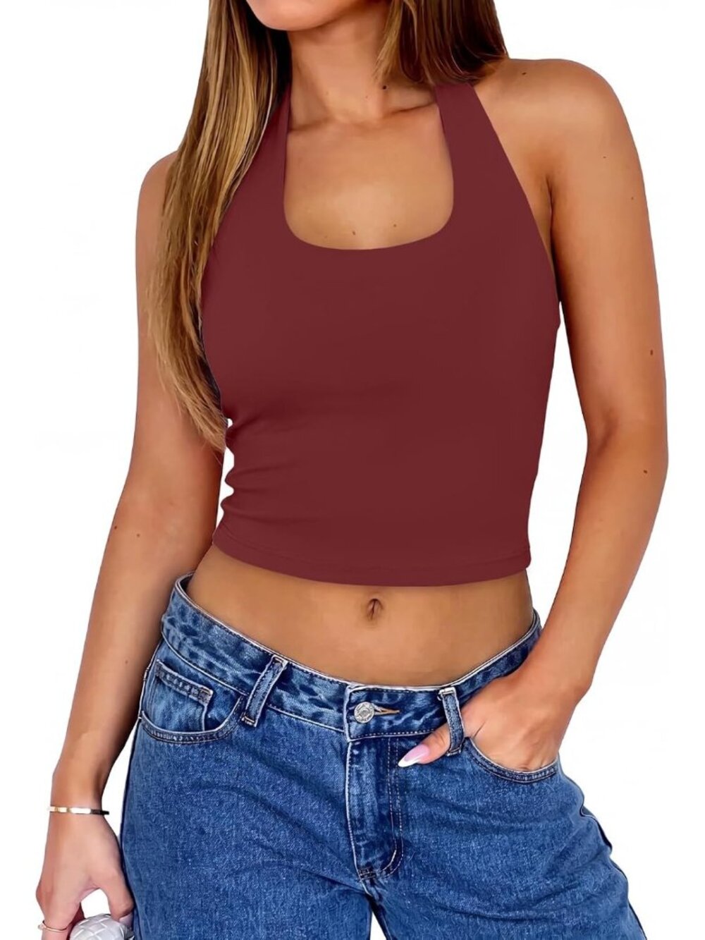 Women's Wine Red Halter Top Double Lined Backless Y2K Cropped Going Out Top Tank